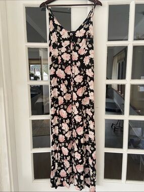 American Eagle Outfitters Button Front Black Maxi Dress with Pink Floral Print